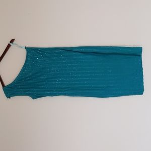 St. John Evening, knitted asymmetrical dress, teal/turquoise color w/ sparkles
